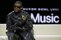 Usher speaks during a news conference ahead of the Super Bowl 58 NFL football game Thursday, Feb. 8, 2024, in Las Vegas. Usher will perform during the Super Bowl halftime show. (AP Photo/John Locher)