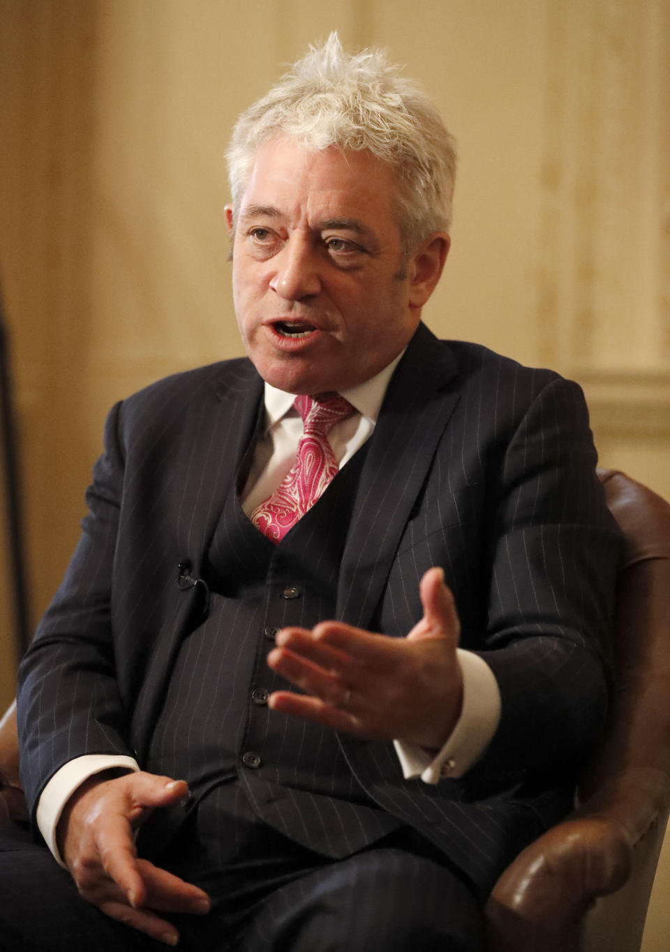 Former British House of Commons speaker, John Bercow, speaks during an interview with Associated Press in London, Thursday, Nov. 7, 2019. John Bercow says Brexit is a historic mistake and the country should not be bound by the close 2016 vote to leave the European Union. (AP Photo/Frank Augstein)