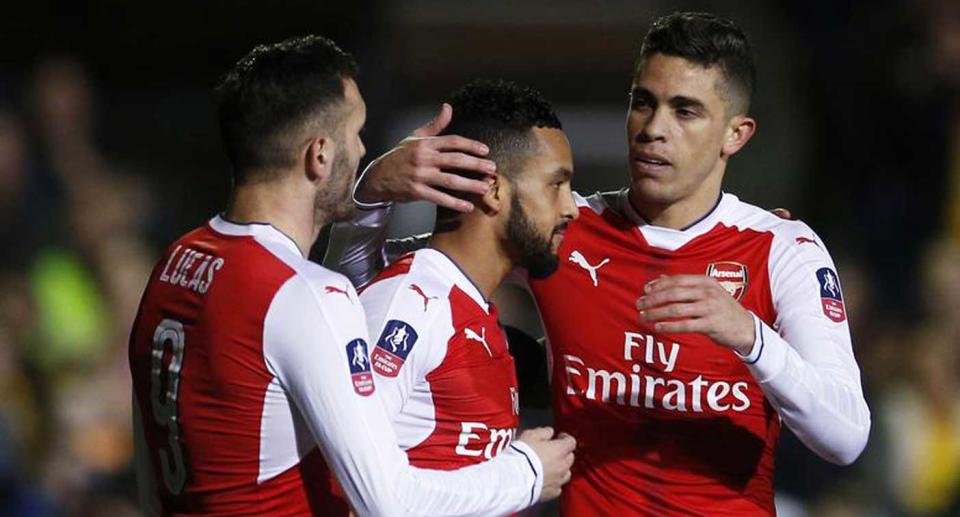 Lucas Perez, Theo Walcott and Gabriel Paulista