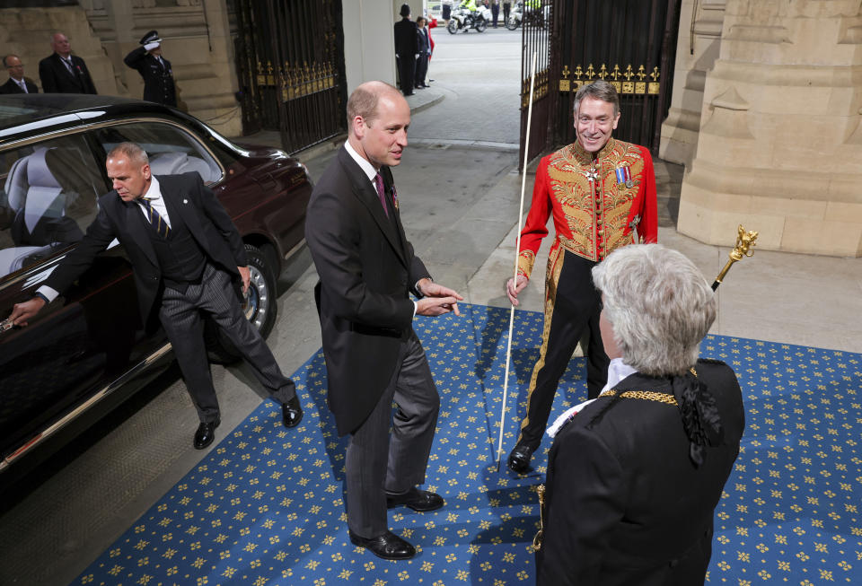 Britain's Prince William arrives through the Sovereign's Entrance ahead of the State Opening of Parliament at Houses of Parliament, in London, Tuesday, May 10, 2022. Britain’s Parliament opens a new year-long session on Tuesday with a mix of royal pomp and raw politics, as Prime Minister Boris Johnson tries to re-energize his scandal-tarnished administration and revive the economy amid a worsening cost-of-living crisis. (Chris Jackson/Pool Photo via AP)