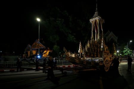 The Great Victory Royal Chariot is pulled during a funeral rehearsal for late Thailand's King Bhumibol Adulyadej near the Grand Palace in Bangkok, Thailand, October 15, 2017. REUTERS/Athit Perawongmetha