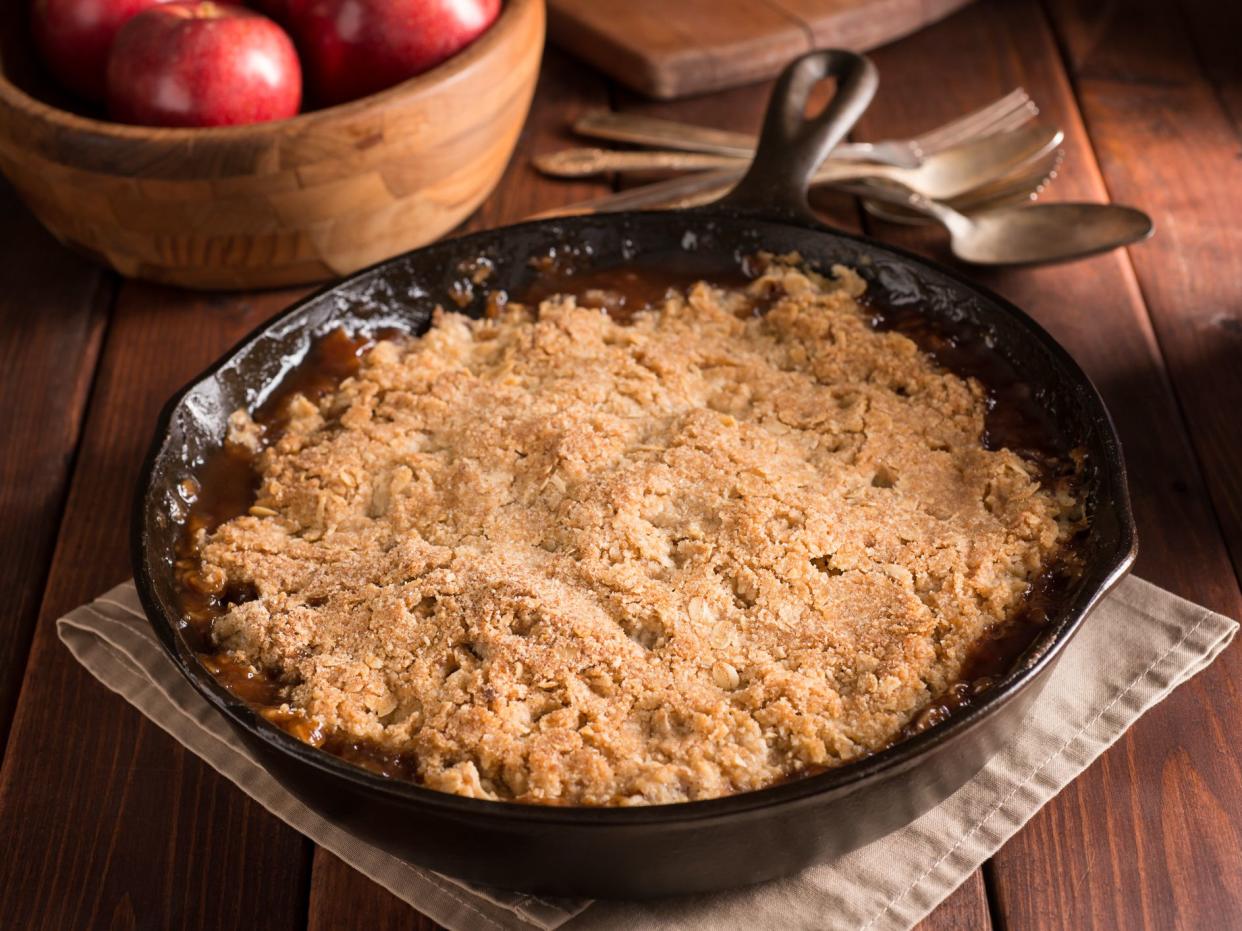 Apple Crumble (or Apple Crisp) baked in a cast iron skillet