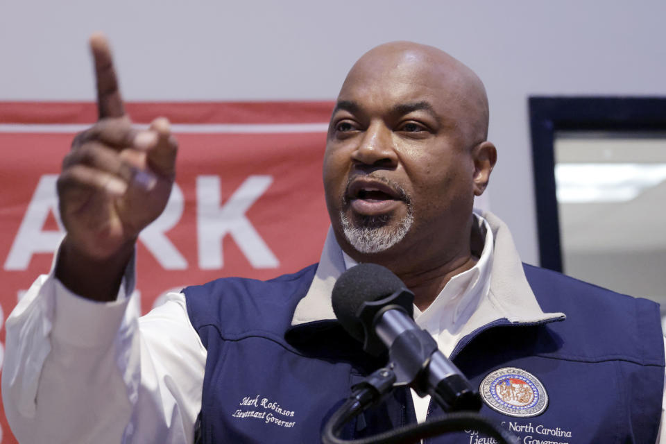 FILE - North Carolina Lt. Gov. Mark Robinson, a Republican candidate for North Carolina governor, speaks at a rally, Jan. 26, 2024, in Roxboro, N.C. North Carolina voters in the primary election on Tuesday, March 5, 2024, were choosing nominees for president and a host of other positions, from governor and attorney general to seats in the U.S. House the General Assembly and state judgeships. (AP Photo/Chris Seward, File)