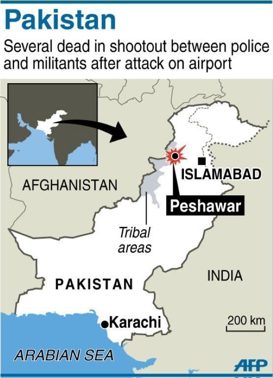 Map of Pakistan locating a shootout between police and militants in Peshawar on December 16, 2012. Six people were killed Sunday as police and troops battled militants armed with automatic weapons, grenades and mortars in northwest Pakistan's Peshawar, a day after a deadly Taliban raid on the city's airport