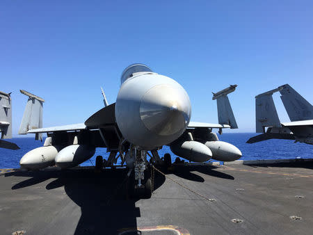 A F/A-18E Super Hornet fighter jet is pictured aboard the USS Harry S. Truman aircraft carrier in the eastern Mediterranean Sea. REUTERS/Andrea Shalal