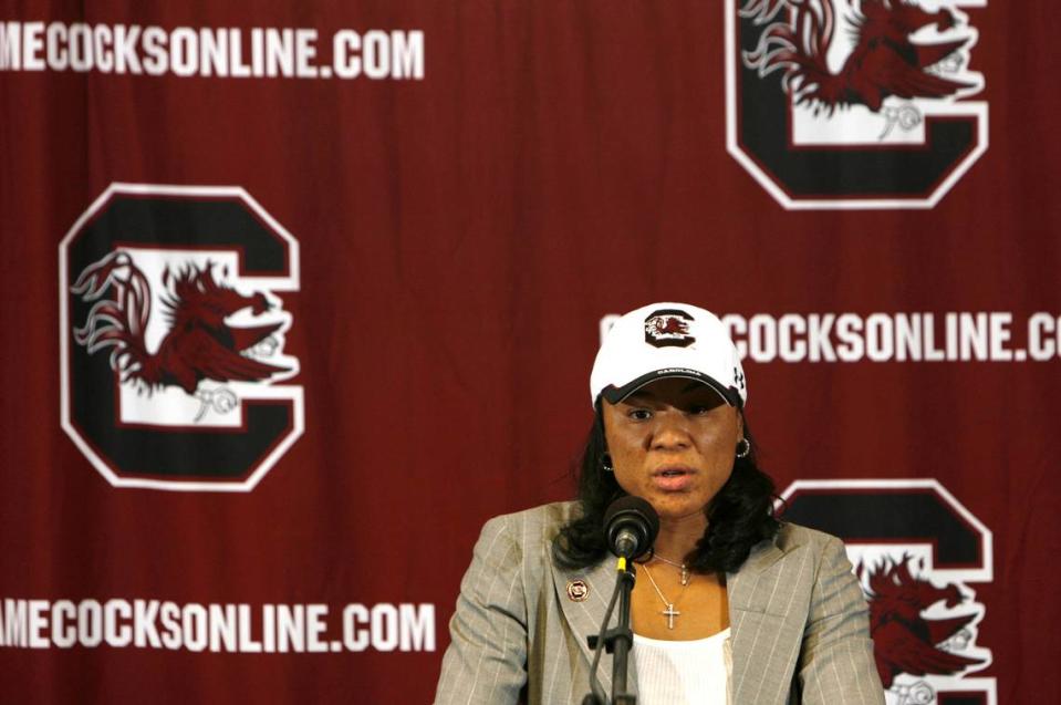 From Saturday, May 10, 2008: South Carolina women’s basketball coach Dawn Staley addresses the media during her introductory press conference in Columbia. Rich Glickstein/The State file photo