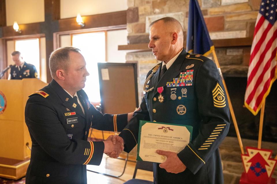 U.S. Army Command Sgt. Maj. Marc E. Weiss, senior enlisted leader of the 213th Regional Support Group, retires from military service after 35 years during a ceremony at the Keystone Conference Center at Fort Indiantown Gap, Pennsylvania, April 6, 2024.