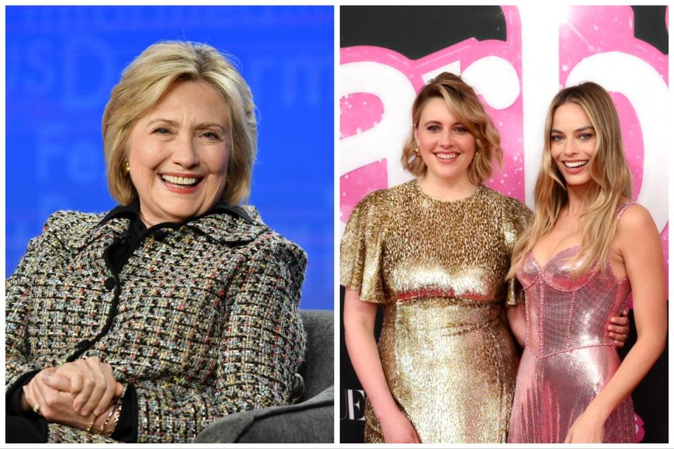 Hillary Clinton (left) sent a message of support to Barbie’s Greta Gerwig and Margot Robbie (Getty)