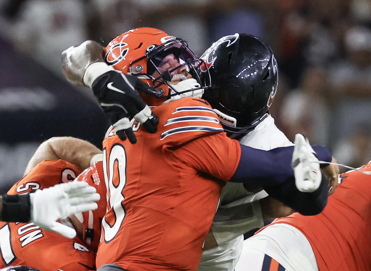 Sep 15, 2024; Houston, Texas, USA; Houston Texans before being called for roughing the passer against Chicago Bears quarterback Caleb Williams (18) in the second half at NRG Stadium. Mandatory Credit: Thomas Shea-Imagn Images