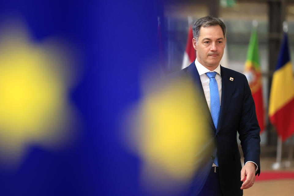 FILE - Belgium's Prime Minister Alexander De Croo arrives for an EU Summit in Brussels, on March 22, 2024. De Croo announced on Friday, April 12, 2024 an investigation into suspected Russian interference in Europe-wide elections in June, saying that his country's intelligence service has confirmed the existence of a network trying to undermine support for Ukraine. (AP Photo/Geert Vanden Wijngaert, File)