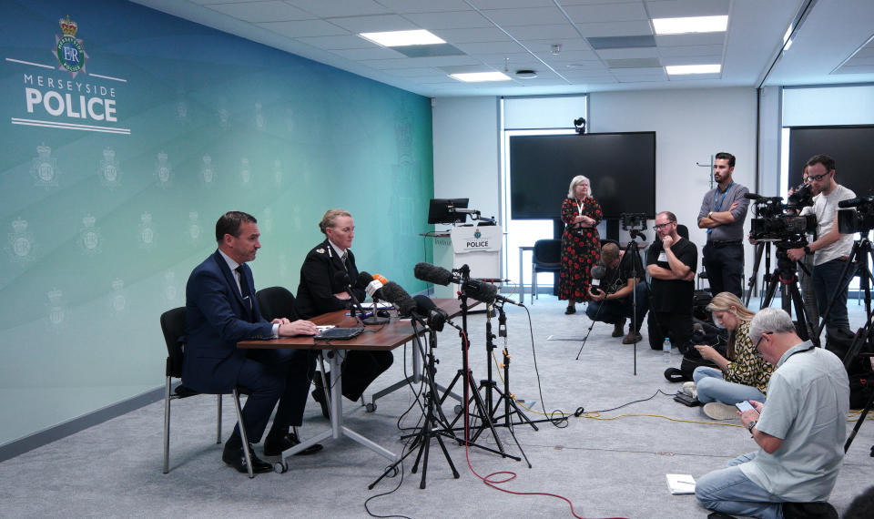 DCS Mark Kameen and Chief Constable Serena Kennedy from Merseyside Police speak to the media at force headquarters in Rose Hill after a nine-year-old girl was fatally shot in Knotty Ash, Liverpool, on Monday. Two other people are in hospital with gunshot wounds after officers attended a house in Kingsheath Avenue, Knotty Ash. Picture date: Tuesday August 23, 2022.