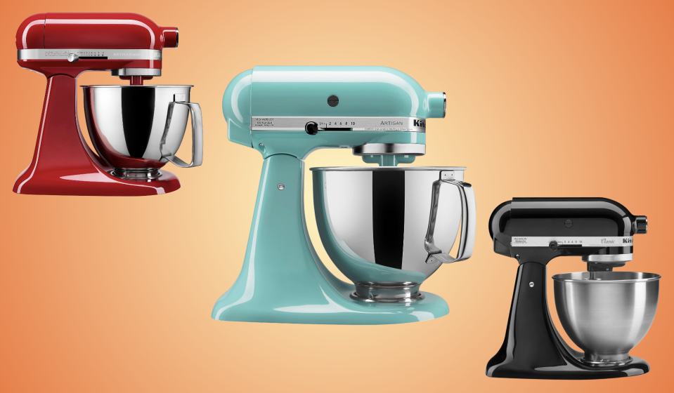 kitchenaid stand mixers in red, teal and black