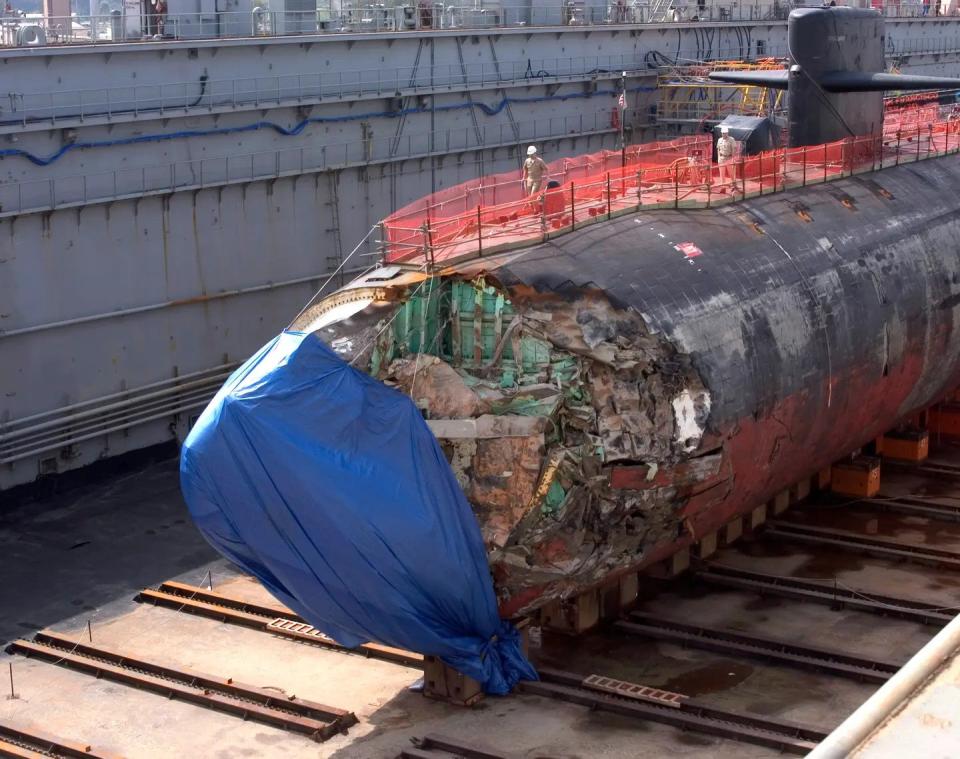 The US Navy's<em> Los Angeles </em>class attack submarine USS <em>San Francisco</em> after its collision in 2005. <em>USN</em>