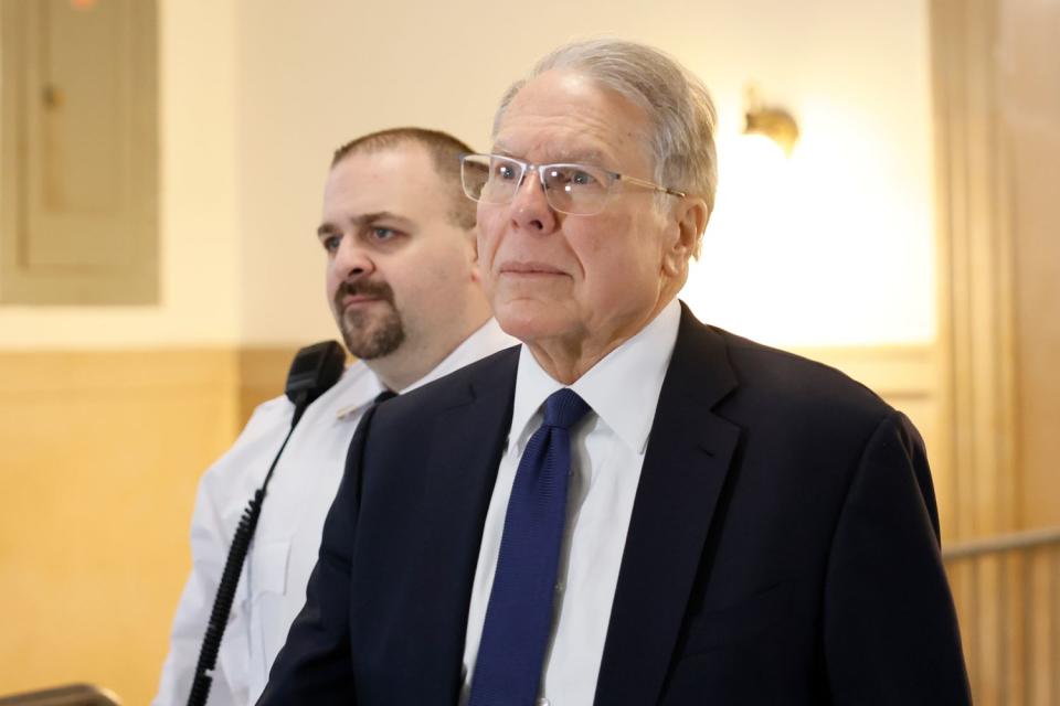 <p>Michael M. Santiago/Getty</p> Former NRA Leader Wayne LaPierre arrives for his  civil trial at New York State Supreme Court on January 08, 2024 in New York City.
