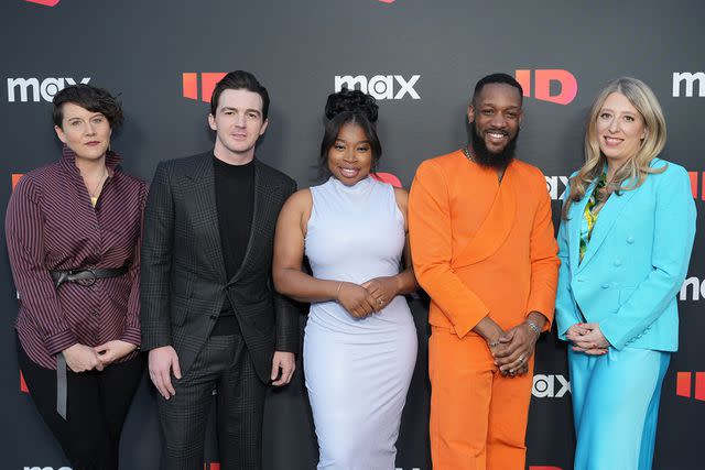 <p>Gonzalo Marroquin/Getty Images</p> Emma Schwartz, Drake Bell, Giovonnie Samuels, Bryan Hearne and Mary Robertson attend the <em>Quiet On Set: The Dark Side of Kids TV</em> event in Los Angeles on April 9, 2024