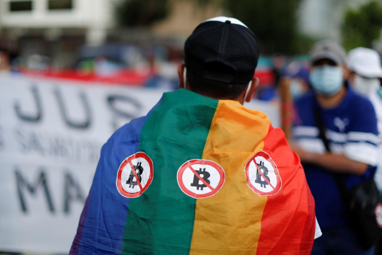 A man takes part in a protest against the use of bitcoin as legal tender, in San Salvador, El Salvador, on 7 September. Photo: Jose Cabezas/Reuters