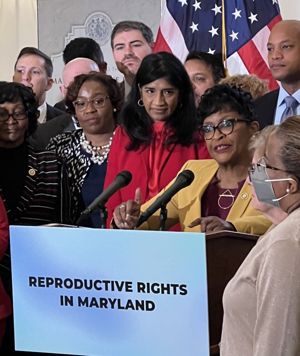 Maryland House Speaker Adrienne Jones, D-Baltimore County, speaks in favor legislation, including a constitutional amendment in support of abortion, in the State House in Annapolis on Feb. 9, 2023. Jones' bill on the amendment did not become law last legislative session.