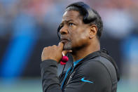 Carolina Panthers head coach Steve Wilks watch during the second half of an NFL football game between the Carolina Panthers and the Denver Broncos on Sunday, Nov. 27, 2022, in Charlotte, N.C. (AP Photo/Jacob Kupferman)