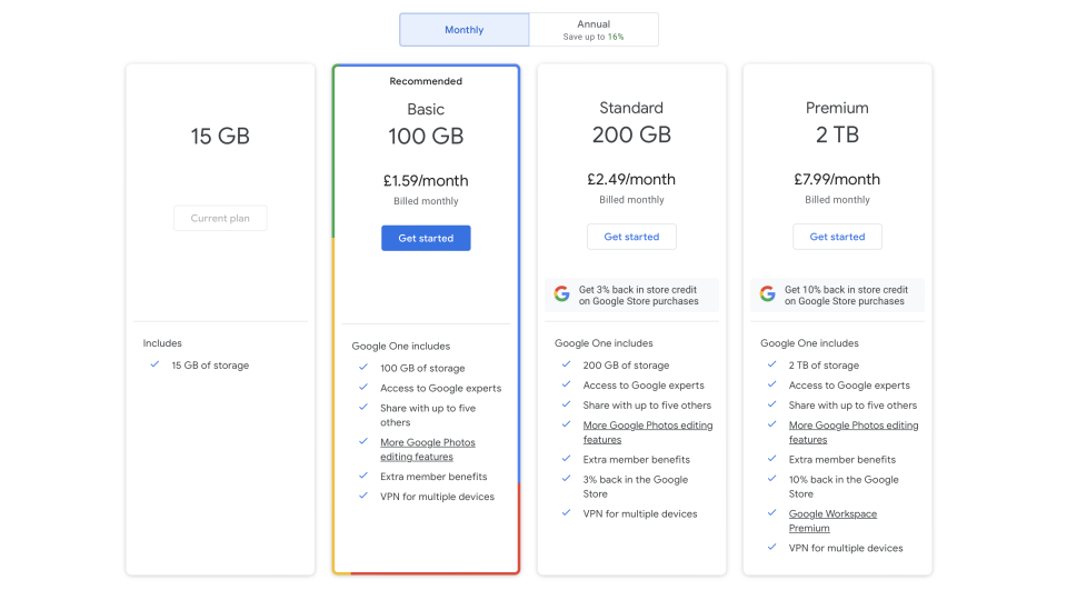 Google One pricing UK June 2023