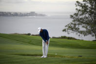 Tiger Woods hits his second shot on the fourth hole during the pro-am round of the Farmer's Insurance golf tournament on the South Course at Torrey Pines Golf Course on Wednesday, Jan. 22, 2020, in San Diego. (AP Photo/Denis Poroy)