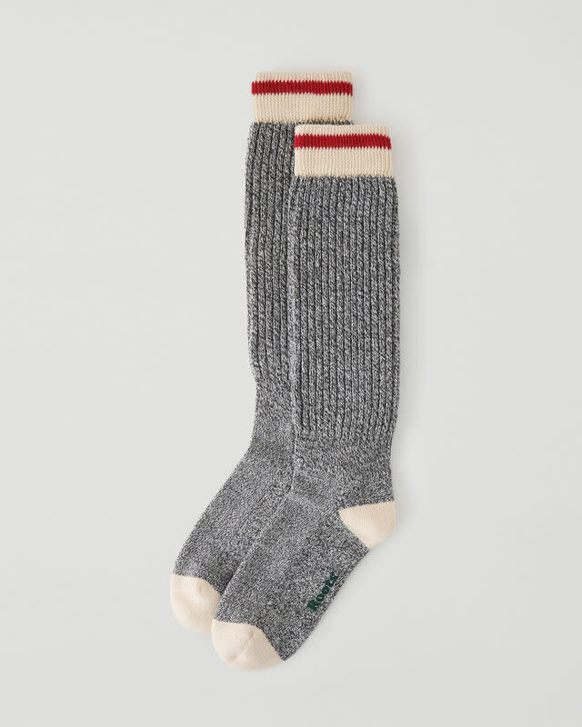 Womens Cabin Slouch Sock in grey, white and red (Photo via Roots)