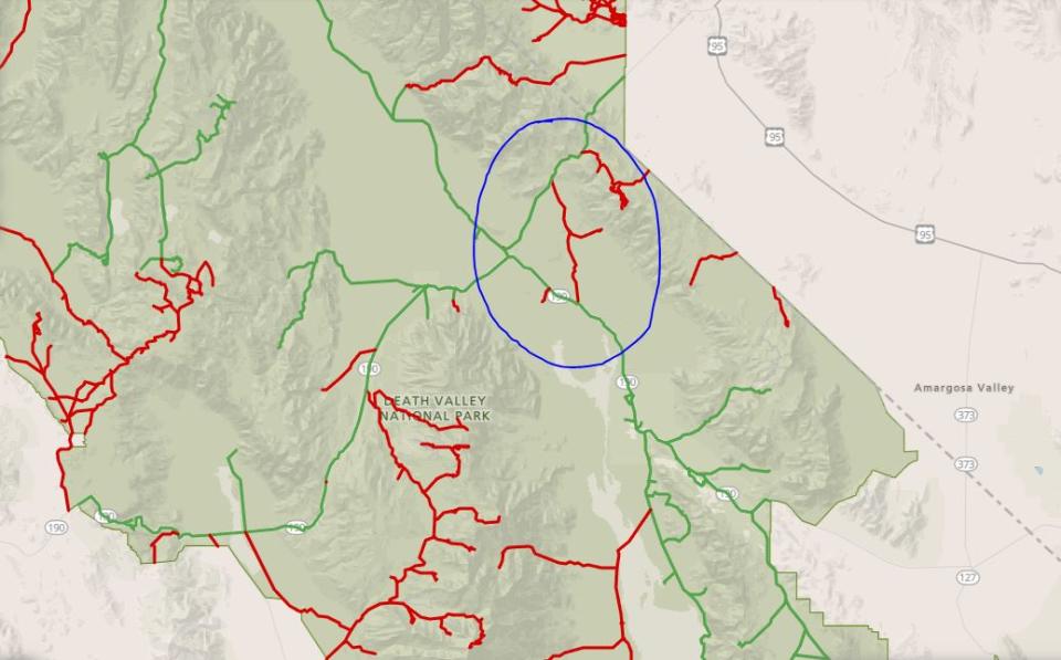 The Beatty Cutoff, the road circled in blue in the image above, will reopen on Friday, Jan. 12.