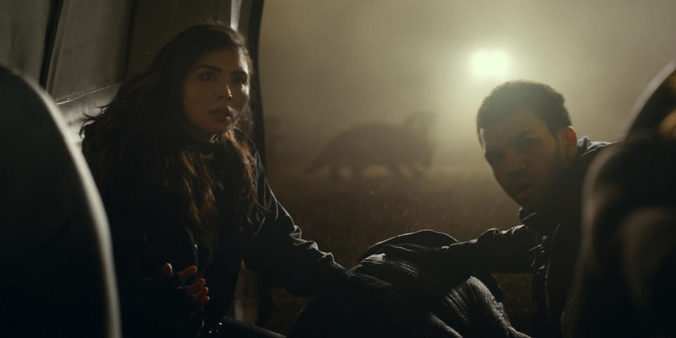 (L-R) Zia Rodriguez (Daniella Pineda) and Franklin Webb (Justice Smith) in “Jurassic World Dominion” - Credit: Universal