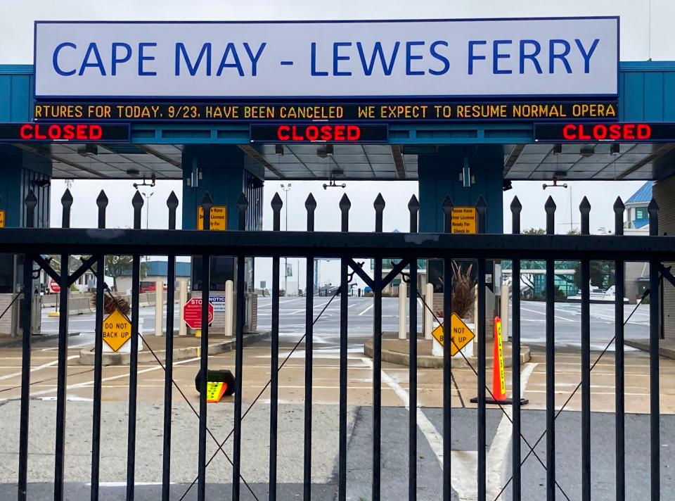 The main gate for vehicles to the Cape May - Lewes Ferry is shut as the service is closed down as tropical storm Ophelia hits the Delaware coast Saturday afternoon, Sept. 23, 2023.