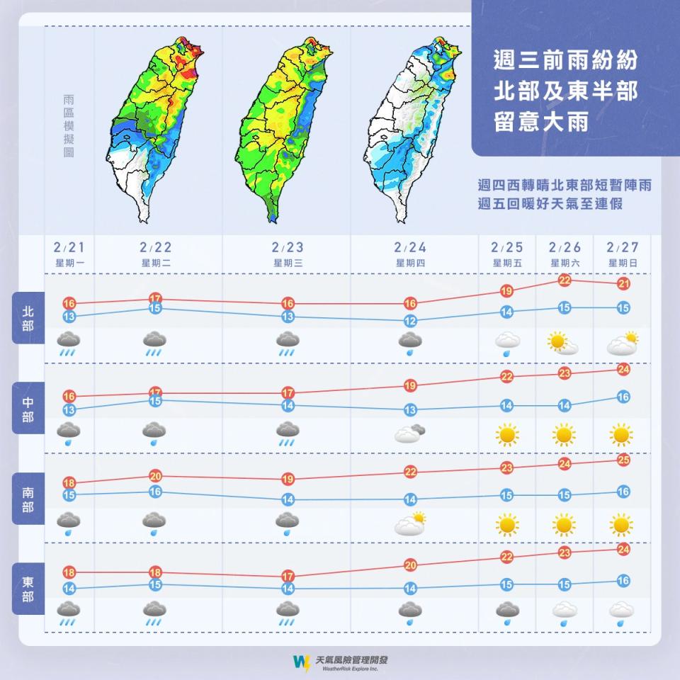 北部及東半部留意大雨。（圖／翻攝自天氣風險 WeatherRisk Facebook）