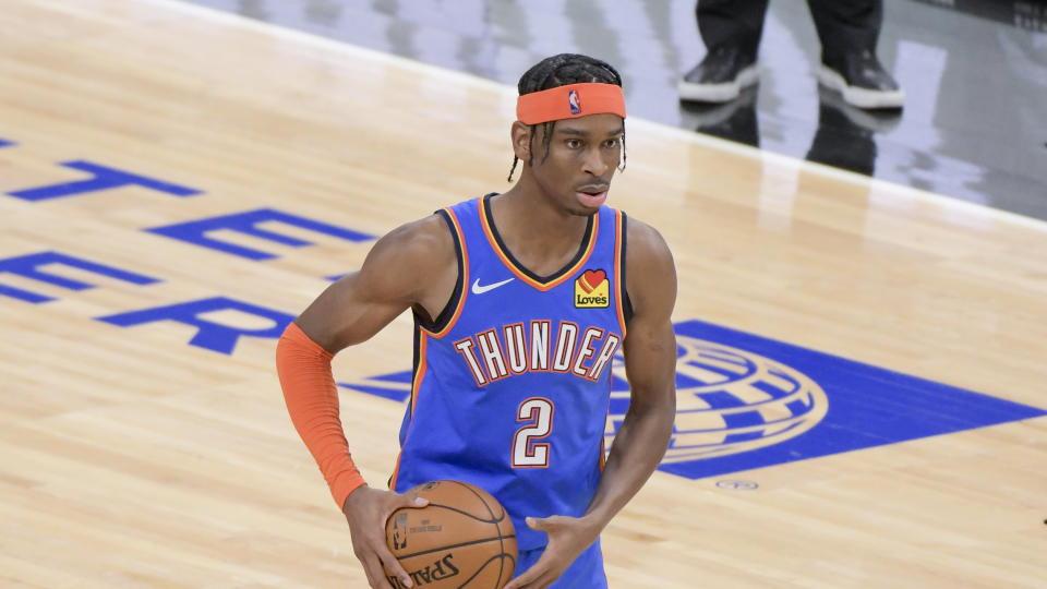 Oklahoma City Thunder guard Shai Gilgeous-Alexander (2) during the fourth quarter of an NBA basketball game against the Chicago Bulls in Chicago, Tuesday, March 16, 2021.