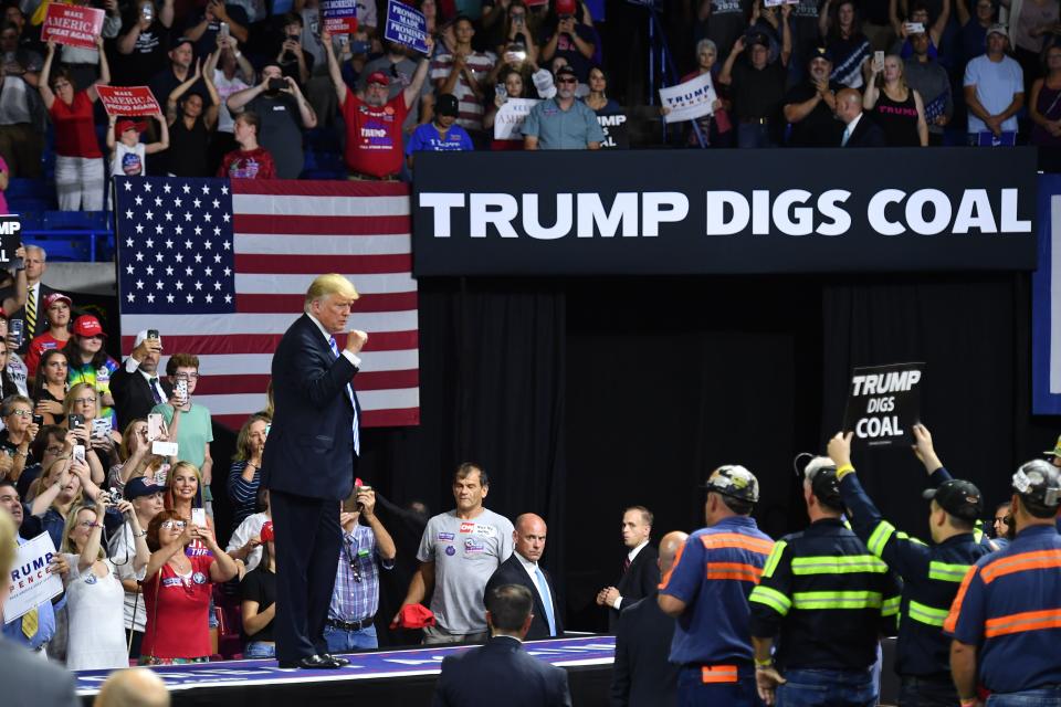 President Trump salutes his supporters at the rally in Charleston, W.Va., Aug. 21, 2018. (Photo: Mandel Ngan/AFP/Getty Images)