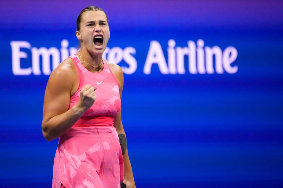 Sep 9, 2023; Aryna Sabalenka reacts after winning a point against American Coco Gauff in the women's singles final of the 2023 U.S. Open tennis tournament at USTA Billie Jean King Tennis Center in Flushing, NY.