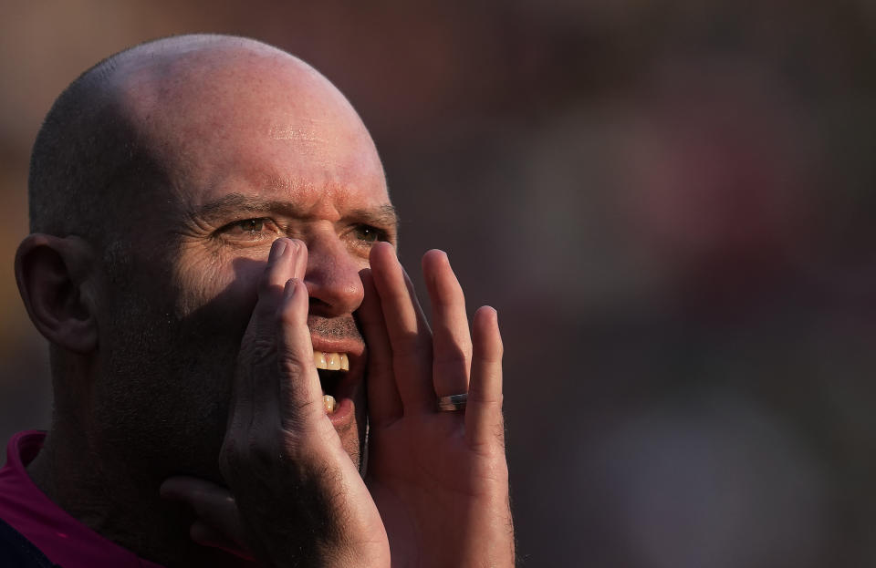 South Africa's head coach Jacques Nienaber gestures as his team warm up for the Rugby Championship test between South Africa and New Zealand at Ellis Park Stadium in Johannesburg, South Africa, Saturday, Aug. 13, 2022. (AP Photo/Themba Hadebe)