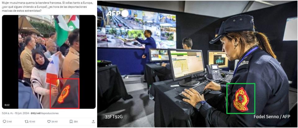 <span>Comparación hecha el 28 de junio de 2024 de capturas de pantalla de una publicación en X (I) con el video viral, y una fotografía de AFP tomada en mayo de 2023 en Fez, Marruecos </span>