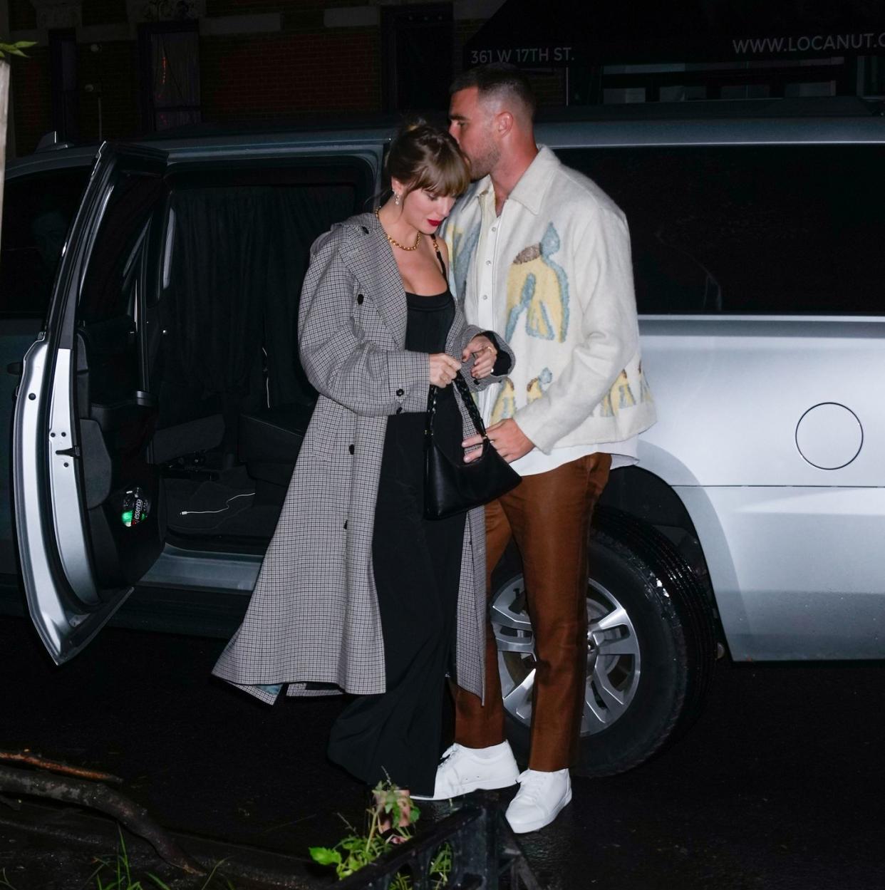 new york, new york october 15 travis kelce and taylor swift arrive at snl afterparty on october 15, 2023 in new york city photo by gothamgc images