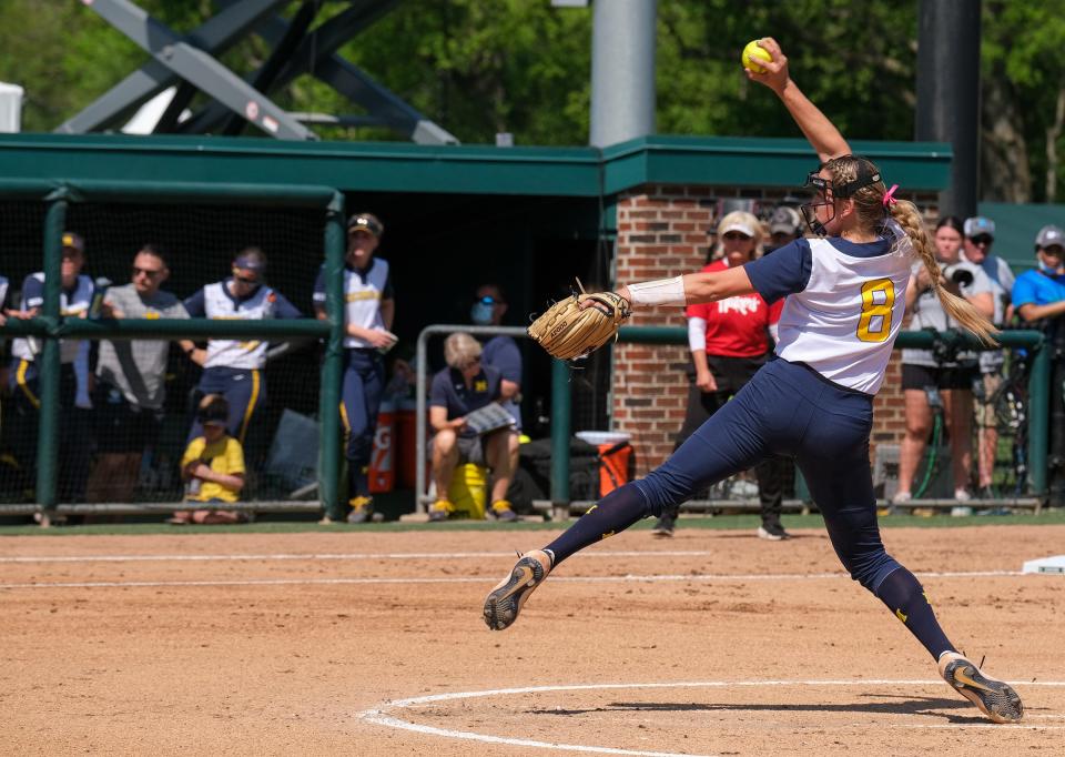 University of Michigan's pitcher Alex Storako (8) winds up against Nebraska in the Big Ten Tournament Championship Game Saturday, May 14, 2022. Nebraska won in extra innings 3-1.