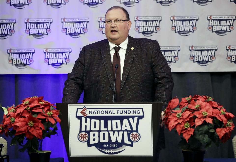 Minnesota head coach Tracy Claeys speaks during a news conference for the upcoming Holiday Bowl NCAA college football game Wednesday, Dec. 14, 2016, in San Diego. Minnesota faces Washington State in the Holiday Bowl on Dec. 27. The 10 Minnesota football players who were suspended this week following a fresh investigation into an alleged sexual assault at an off-campus apartment in September will not play in the Holiday Bowl. (AP Photo/Gregory Bull)