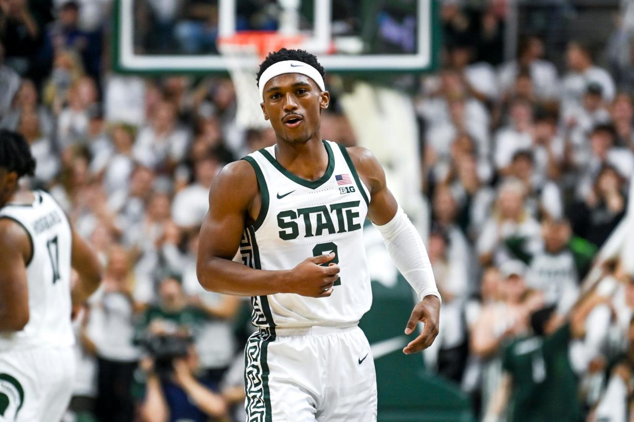 Michigan State's Tyson Walker celebrates his 3-pointer against Tennessee during the first half on Sunday, Oct. 29, 2023, at the Breslin Center in East Lansing.