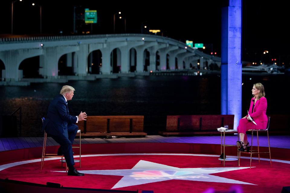 US President Donald Trump gestures as he speaks during an NBC News town hall event moderated by Savannah Guthrie at the Perez Art Museum in Miami on October 15, 2020