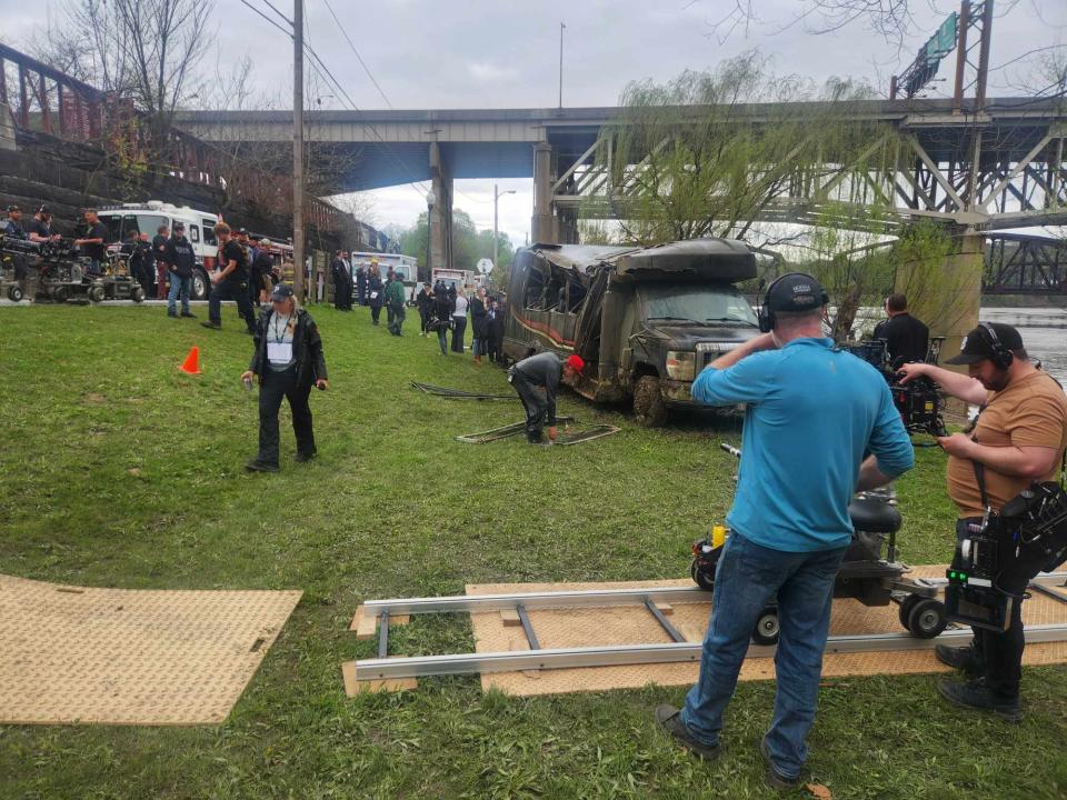 Filming at Rochester Riverfront Park for Paramount+ "Mayor of Kingstown."