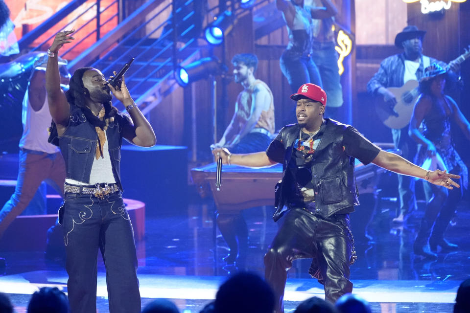 Shaboozey, left, and J-Kwon perform during the BET Awards on Sunday, June 30, 2024, at the Peacock Theater in Los Angeles. (AP Photo/Chris Pizzello)