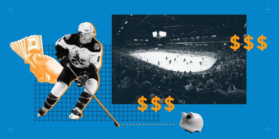 A collage illustration with a hockey player, hand holding money, and The Mullett Arena