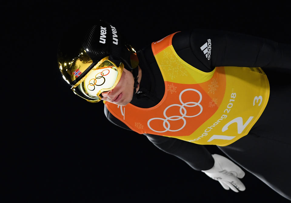 <p>PYEONGCHANG-GUN, SOUTH KOREA – FEBRUARY 19: Johann Andre Forfang of Norway competes during the Ski Jumping – Men’s Team Large Hill on day 10 of the PyeongChang 2018 Winter Olympic Games at Alpensia Ski Jumping Center on February 19, 2018 in Pyeongchang-gun, South Korea. (Photo by Matthias Hangst/Getty Images) </p>