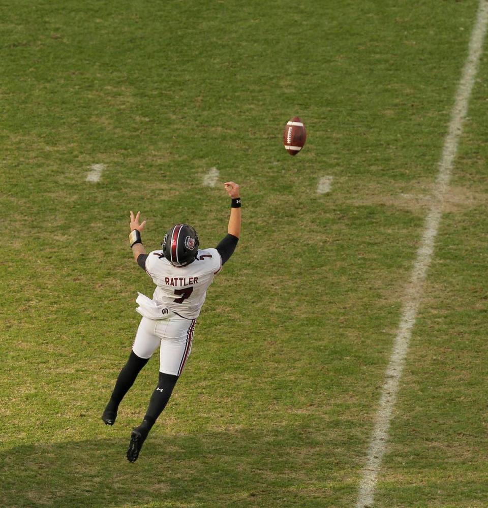 South Carolina quarterback Spencer Rattler (7) celebrates as the clock winds down against Clemson in Clemson, S.C. on Saturday, Nov. 26, 2022.