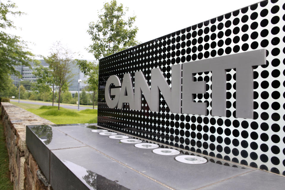 FILE - In this July 14, 2010 file photo, the sign for Gannett headquarters is displayed in McLean, Va. Gannett has filed a civil lawsuit against Google and its parent company Alphabet, Tuesday, June 20, 2023, claiming that they unlawfully hold monopolies in the advertising technology tools that publishers and advertisers use to buy and sell online ad space.(AP Photo/Jacquelyn Martin, file)