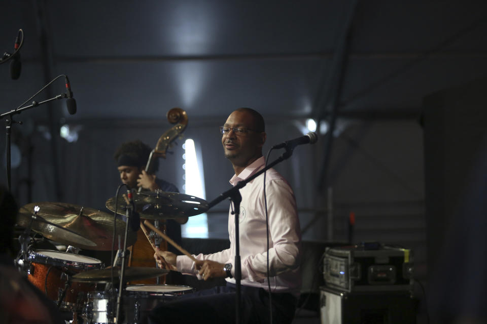 Drummer Jason Marsalis performs in the WWOZ at the New Orleans Jazz & Heritage Festival New Orleans, Thursday, April 25, 2019. (AP Photo/Doug Parker}