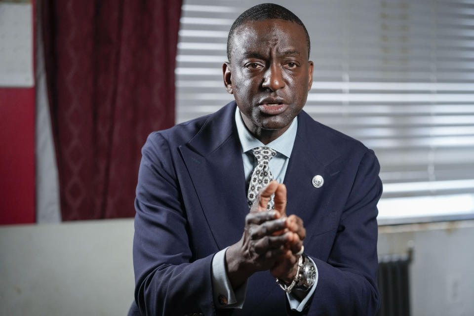 New York City Council candidate Yusef Salaam speaks during an interview with The Associated Press, Wednesday, May 24, 2023, in New York. Salaam is one of three candidates in a competitive June 27 Democratic primary. With early voting already begun, he faces two seasoned political veterans: New York Assembly members Al Taylor, 65, and Inez Dickens, 73, who previously represented Harlem on the City Council. (AP Photo/Mary Altaffer)