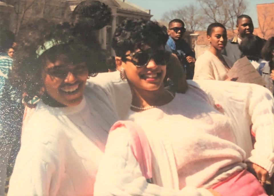 Kamala Harris poses with her line sister Darla Dash Washington at Howard University.