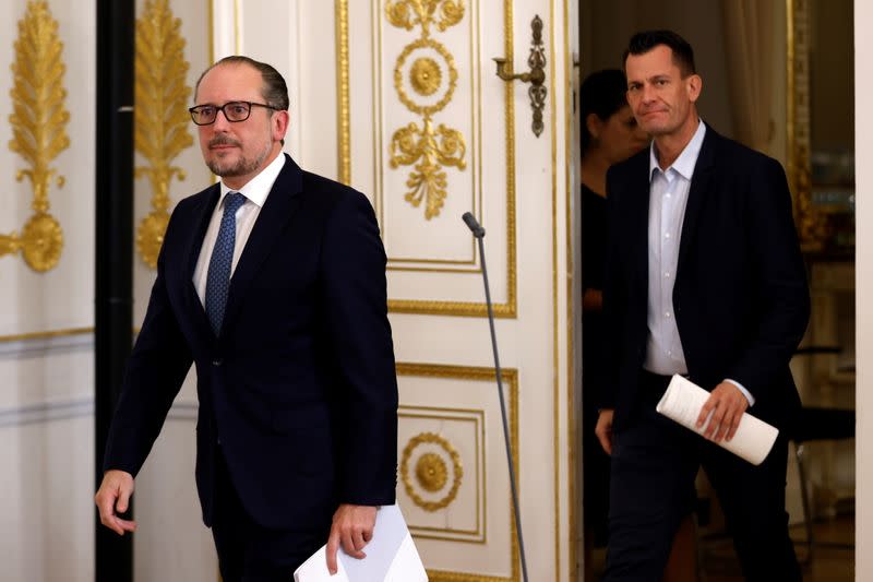 Austrian Chancellor Schallenberg and Health Minister Mueckstein attend news conference, in Vienna