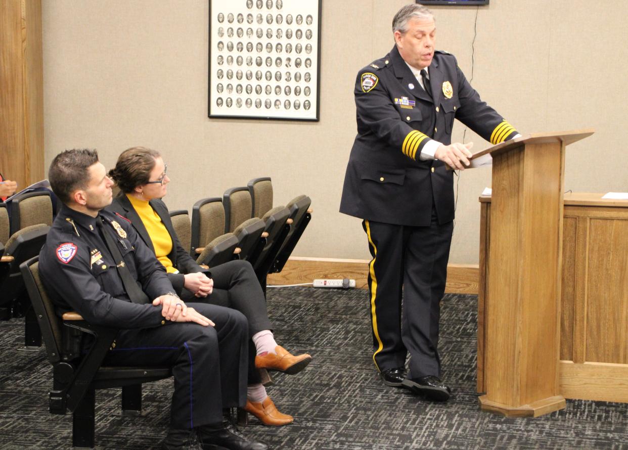 Marion Police Chief Jay McDonald, right, address the Marion City Council legislation, codes, and regulations committee regarding the proposed implementation of automatic license plate recognition cameras during the committee meeting on Monday, April 3, 2023. Also pictured are Lt. Christopher Marlow of the Bellefontaine Police Department and Flock Safety Senior Community Affairs Manager Laura Ann Holland. Flock Safety is the company from which the Marion County Sheriff's Office is purchasing the cameras.